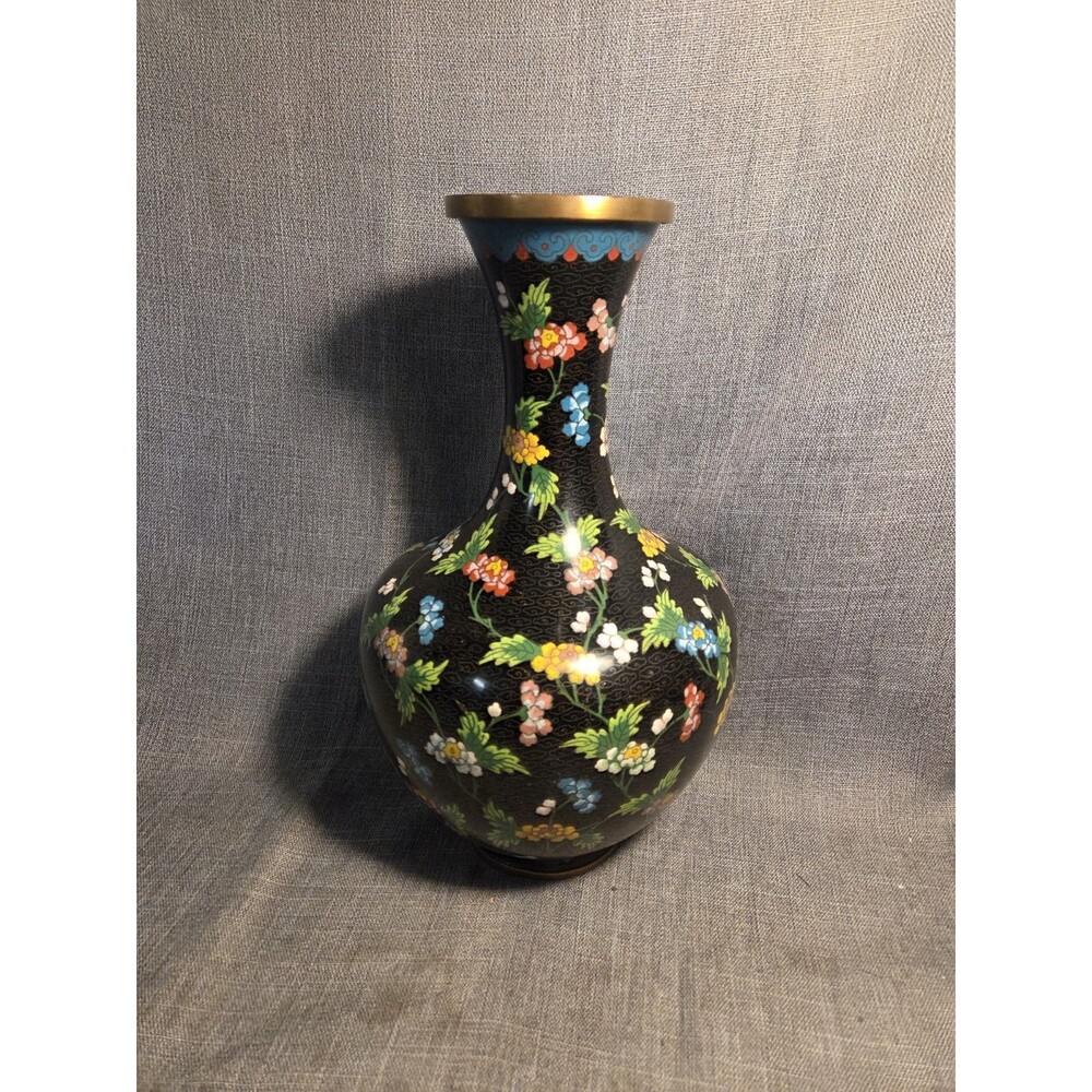 Beautiful Antique Cloisonné Enamel Vase circa 1920s Floral Pattern 12 Inches